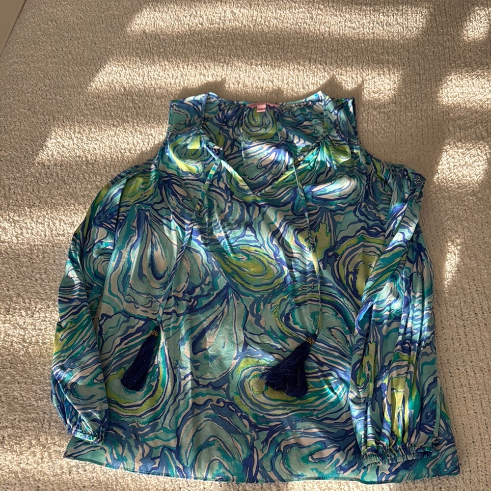 Blue and Green Cut Out Blouse with Mandarin Collar